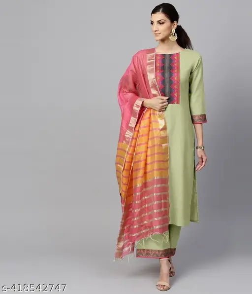 Cotton blend Vidusha kurti set for women, solid-patterned three-quarter sleeves kurta with dupatta and bottomwear on display, pack of 3 sizes XXS-XXL (Indian product)