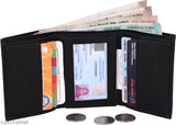 Men's bi-fold artificial leather wallet, top grain genuine material, features 2 compartments, textured pattern, universal size (15x12cm), tri-fold design, durable lining, includes 3 card slots, 1 secret compartment, 2 currency compartments, stylish and sophisticated look, fits all ages and genders, 100% money back guarantee, 3-month warranty, made in India