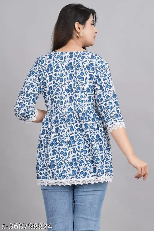 Rayon printed net three-quarter sleeve top for women, comfortable party wear