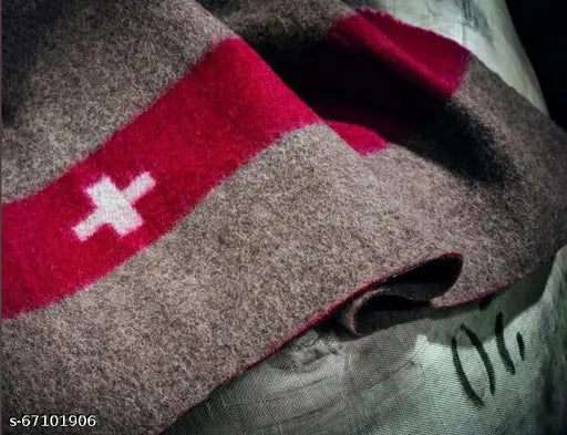 Brown and white wool Swiss Army blanket with red stripe and cross - perfect for emergencies or home use, made of durable materials