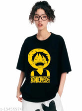 Black cotton printed One Piece Luffy anime round neck oversize T-shirt for women, three-quarter sleeves, 100% cotton, India origin