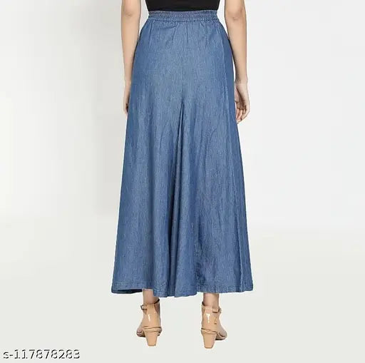 Blue Denim Western-style ankle length skirt with elastic pattern, durable and comfortable for women's fashion