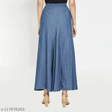 Blue Denim Western-style ankle length skirt with elastic pattern, durable and comfortable for women's fashion