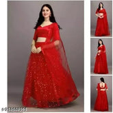 Golden Tikali red lehenga with satin blouse and embellished net dupatta, free size Indian traditional outfit on mannequin
