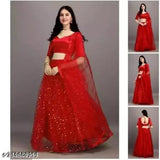 Golden Tikali red lehenga with satin blouse and embellished net dupatta, free size Indian traditional outfit on mannequin