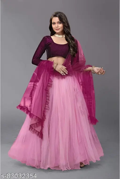 Women's dark pink velvet Lehenga Choli with net dupatta, semi-stitched (LW: 44in, LL: 48in) - Traditional Indian bridal wear