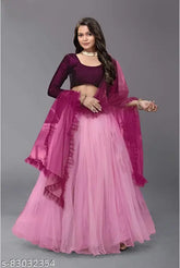 Women's dark pink velvet Lehenga Choli with net dupatta, semi-stitched (LW: 44in, LL: 48in) - Traditional Indian bridal wear