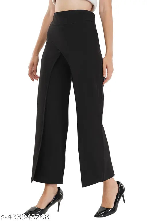 Women's high-waist polyester straight-leg pants, solid color, casual style - Indian-made trendy pants for office and leisure wear