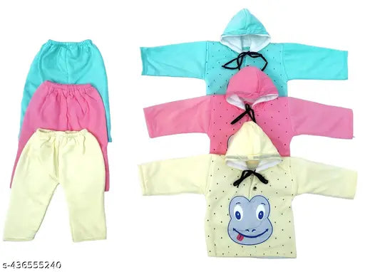 Wool newborn baby winter wear set: 3-piece hoodie jacket, pajama, and sweater in self-design net patterns, for boys and girls from 0-12 months (India)