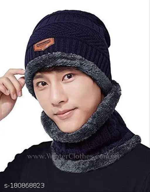 Blue wool knit beanie hat & scarf set, thick fleece lined, slouchy criss-cross design, outdoor windproof protection