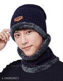 Blue wool knit beanie hat & scarf set, thick fleece lined, slouchy criss-cross design, outdoor windproof protection