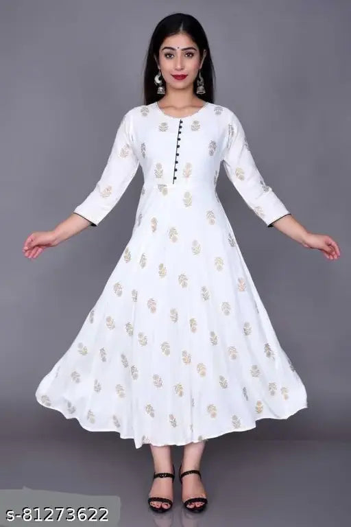 Rayon three-quarter sleeve printed kurta gown for women, single size L (bust 14in, length 59in), made in India