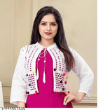 Cotton blend Urbane designer waistcoat for women, self-design net pattern. Three-quarter sleeves, sizes XXS to XXL. Made in India