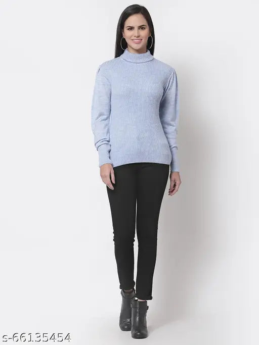 Blue acrylic solid ribbed pullover, long sleeves with turtleneck, Style Quotient Women