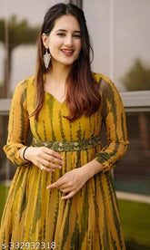 Georgette printed gown, vibrant, elegant, long sleeves, India