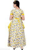 Printed cotton blend ethnic gown for girls, vibrant in light green, red, and light yellow. Little princess outfit on display stand