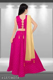 Pink cotton and taffeta silk unstitched kids' lehanga choli set with net dupatta, printed design, three-quarter sleeves, various sizes available (7-8yrs - 13-14yrs), origin India