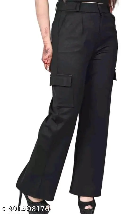 Black premium cotton wide leg 4-pocket cargo trousers, relaxed fit and solid pattern