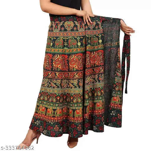 Women's printed cotton bohemian maxi wrap skirt, traditional Indian design