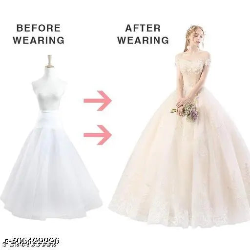 White nylon and organza hoopskirt for ball gowns and Lehengas, features one hoop steel, two layers tulle with lace hem. Adjustable elastic waist design, suitable for various sizes