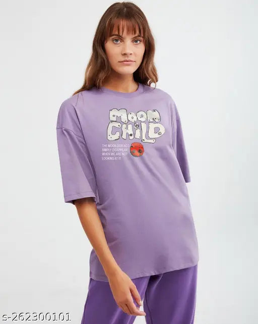 Lavender cotton blend oversized t-shirt, printed pattern, short sleeves, biowash - Indian brand Myali