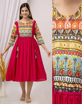 Trendy rayon Anarkali kurti with festive prints, three-quarter sleeves, various sizes available, Indian fashion