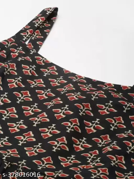 Black and Red printed rayon sleeveless dress, vibrant combo design, available in various sizes from XS to XXXL. Origin: India