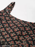 Black and Red printed rayon sleeveless dress, vibrant combo design, available in various sizes from XS to XXXL. Origin: India