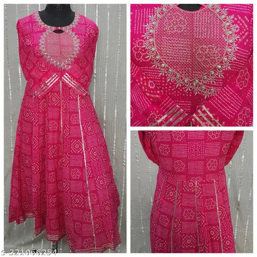 Rayon Bandej print flared kurta with three-quarter sleeves, vibrant Indian fashion for women