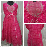 Rayon Bandej print flared kurta with three-quarter sleeves, vibrant Indian fashion for women