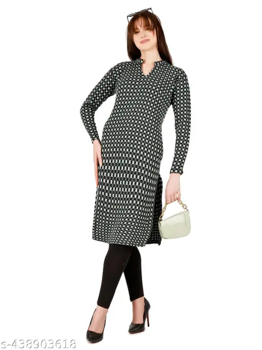 Women's wool check kurta with three-quarter sleeves for winter, perfect for chilly days on Gillkart