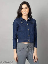 Light blue denim women's jacket, classic design with long sleeves, shank buttons, chest pockets, and Full sleeves - Made in India