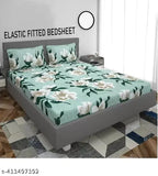 Green Floral Premium Cotton Elastic Fitted Bedsheets, Double Bed Size: 78x72 inches + 10 inch drop, 2 King Pillow Covers included
