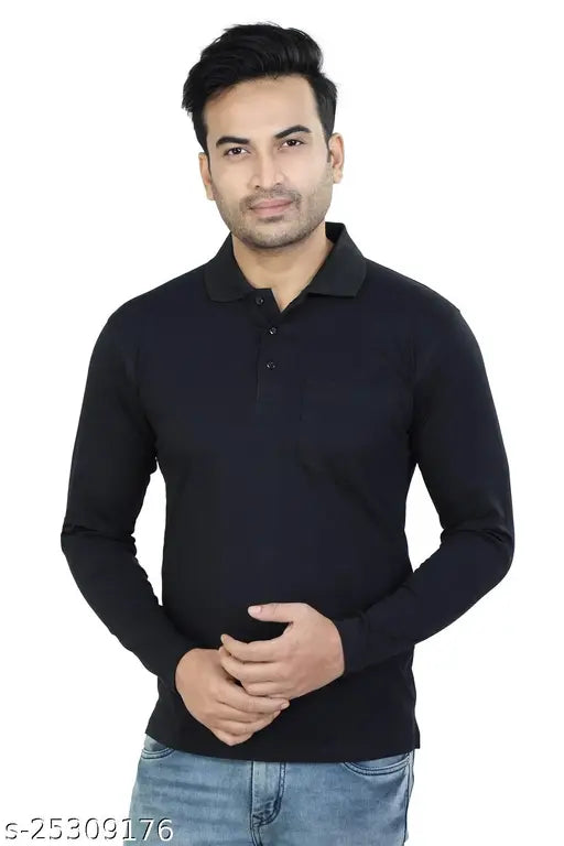 Black, solid cotton polo neck T-shirt for men, full sleeve with long sleeves