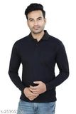Black, solid cotton polo neck T-shirt for men, full sleeve with long sleeves