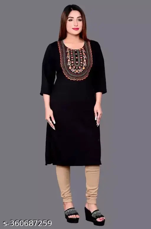 Woolen black kurti with three-quarter sleeves, solid design. Elevate winter wardrobe with embroidered wool blend. Indian made