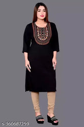 Woolen black kurti with three-quarter sleeves, solid design. Elevate winter wardrobe with embroidered wool blend. Indian made
