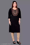 Woolen black kurti with three-quarter sleeves, solid design. Elevate winter wardrobe with embroidered wool blend. Indian made