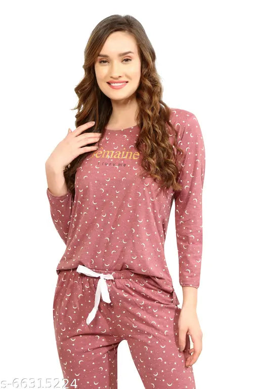 Pink cotton star and moon printed top & pyjama full sleeve nightsuit set, Lotik Women's lounge wear in finest quality fabric
