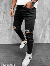 Black denim knee-cut jeans for men by KODO JEANS - Solid style from a top-rated Indian manufacturer