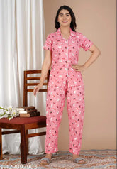 Printed rayon nightsuit women's set with short sleeves, India origin