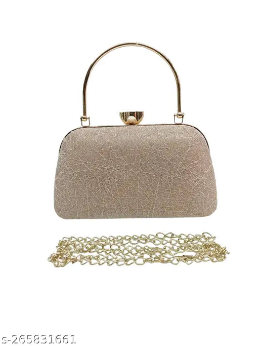 Golden PU shoulder cross-body sling handbag, textured net, 2 compartments, free size, rose gold bridal clutch for women's evening events