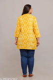 Rayon yellow plus-size short kurti with embroidery, Indian-origin, printed combo