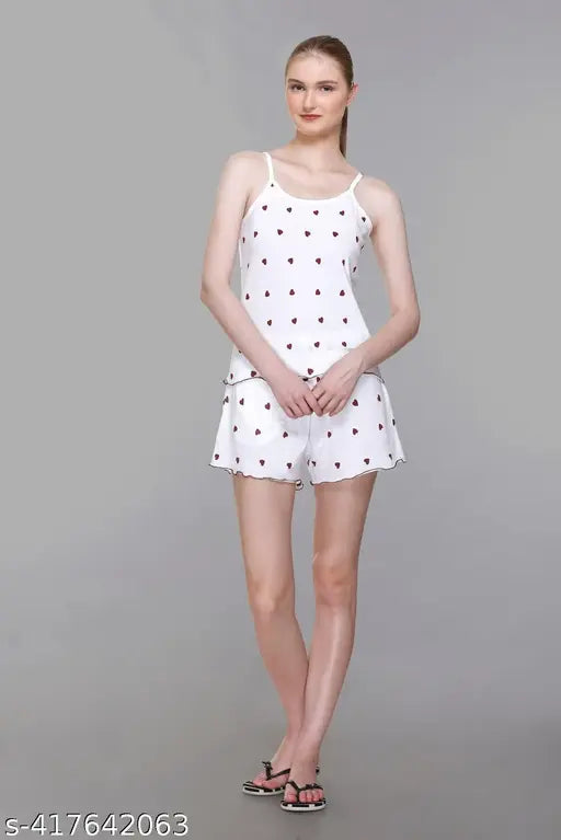 Women's cotton blend sleeveless camisole shorts set with printed net, cord style, short set for girls, India origin