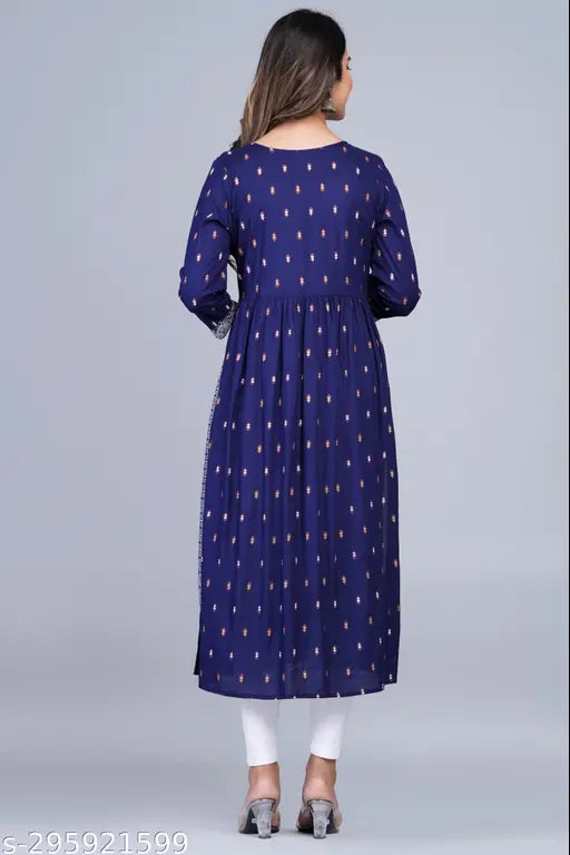 Blue rayon, three-quarter sleeve Aline Kurta featuring floral print, ideal for weddings & parties. Women's fashionable ethnic wear