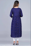 Blue rayon, three-quarter sleeve Aline Kurta featuring floral print, ideal for weddings & parties. Women's fashionable ethnic wear