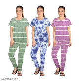 Women's tie-dye printed nightsuit set (Pack of 3), polycotton, short sleeves, dyed/washed. Set includes matching tops and pyjamas for stylish comfort at home. Made in India