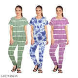 Women's tie-dye printed nightsuit set (Pack of 3), polycotton, short sleeves, dyed/washed. Set includes matching tops and pyjamas for stylish comfort at home. Made in India
