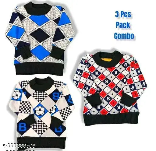 Stylish printed sweatshirt combo (wool, long sleeves), 3 pack for boys and girls, vibrant design on display rack, Indian-made children's apparel