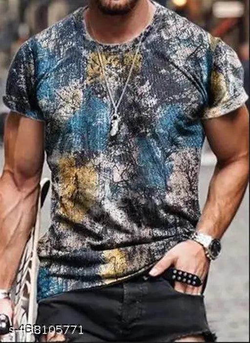 New design cotton blend t-shirt, printed pattern, short sleeves, men's size M, made in India